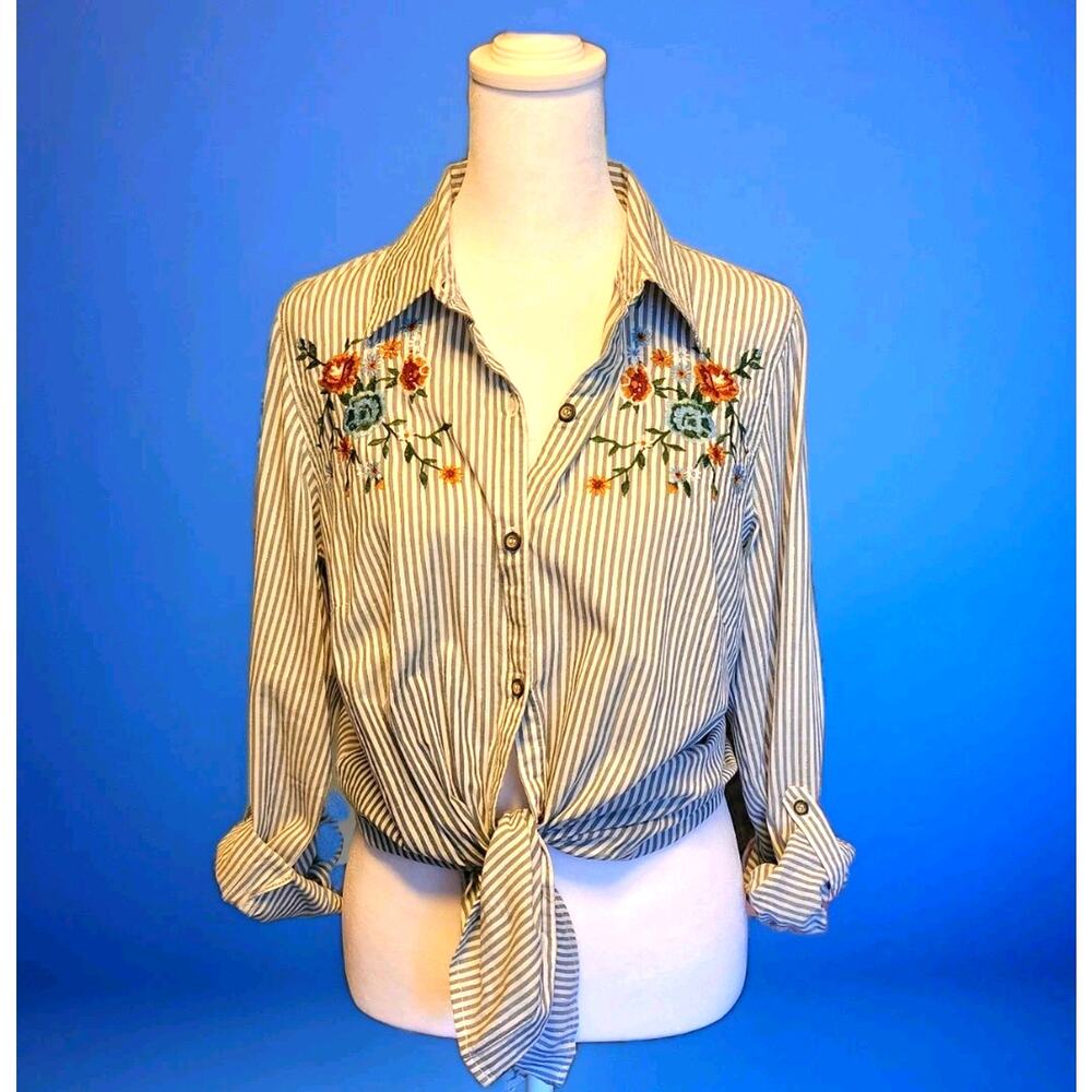 Westport Women's Size S Cotton Button Up Blouse Embroidered Blue Stripe Metallic